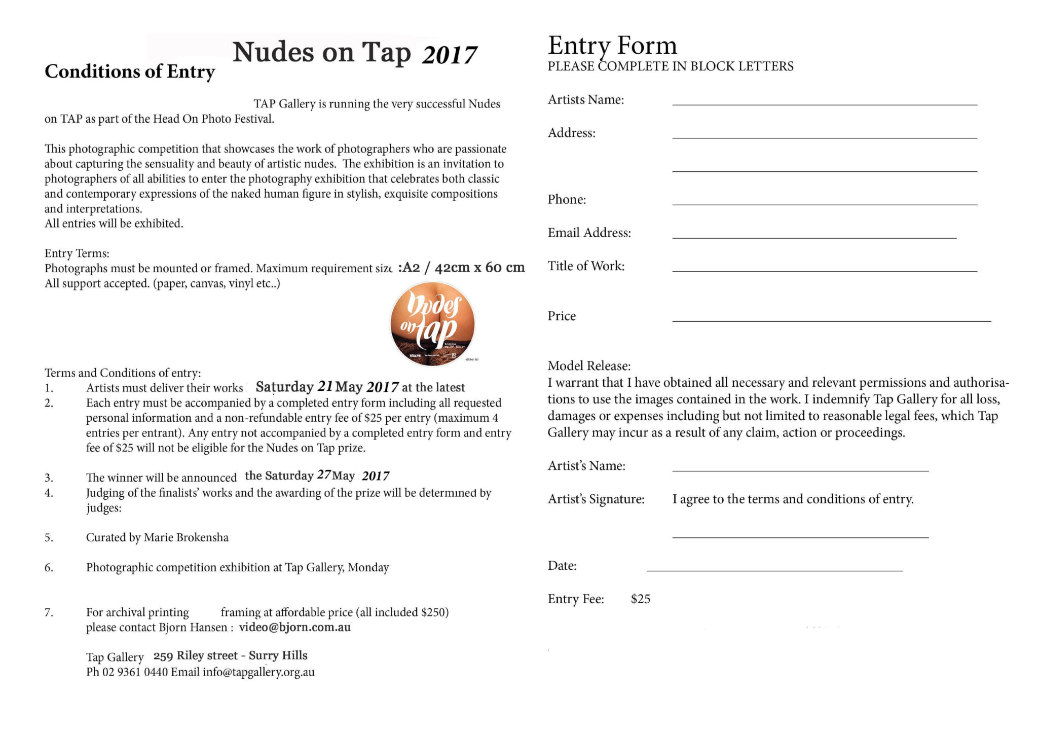 Nudes entry form 2017