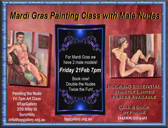 2 nude models at Tap Gallery for mardi gras